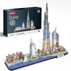 CubicFun 3D Puzzle LED Dubai Architecture Model Kit Voor Kinderen En Volwassenen, Atlantis The Palm Dubai, Burj Al Arab Jumeirah Hotel, Burj Khalifa, Emirates Towers, 182 Stuks