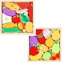 4yourkids Houten Speelgoed 2 Set 3D Puzzel - Fruit En Groenten - Blok Puzzel - Vroege Educatieve Ontwikkeling - Jongens En Meisjes - Kinderen - 3 Jaar - Gift - Cadeau