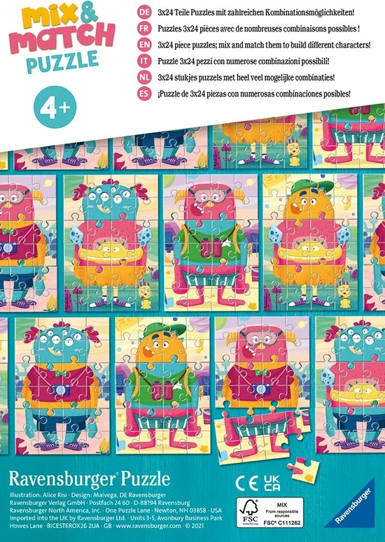 Ravensburger Mix & Match Puzzel Grappige Monsters - 3 X 24 Stukjes - Kinderpuzzel 8 Ravensburger Mix & Match Puzzel Grappige Monsters - 3 X 24 Stukjes - Kinderpuzzel - Afbeelding 6