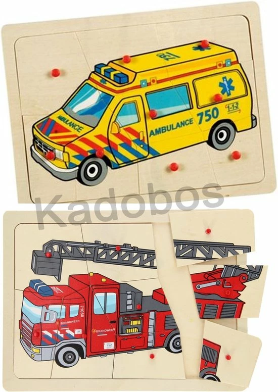 Playwood / Roel Houten Noppenpuzzel 2x - Brandweer En Ambulance - 9 Pcs Per Puzzel 3 Playwood / Roel Houten Noppenpuzzel 2x - Brandweer En Ambulance - 9 Pcs Per Puzzel