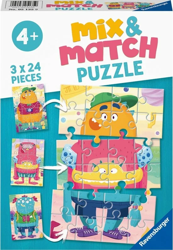 Ravensburger Mix & Match Puzzel Grappige Monsters - 3 X 24 Stukjes - Kinderpuzzel 3 Ravensburger Mix & Match Puzzel Grappige Monsters - 3 X 24 Stukjes - Kinderpuzzel